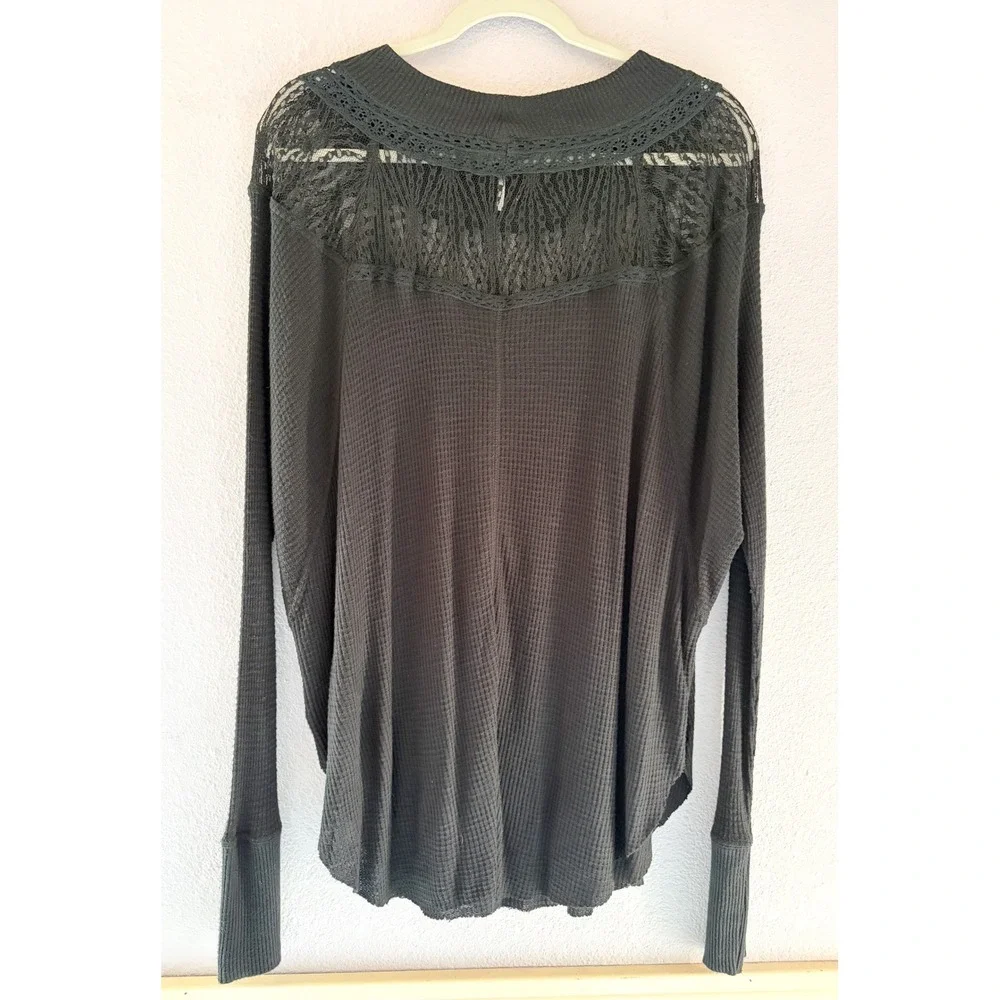 Free People Spring Valley Lace Trim Black Thermal Knit Top Size Small